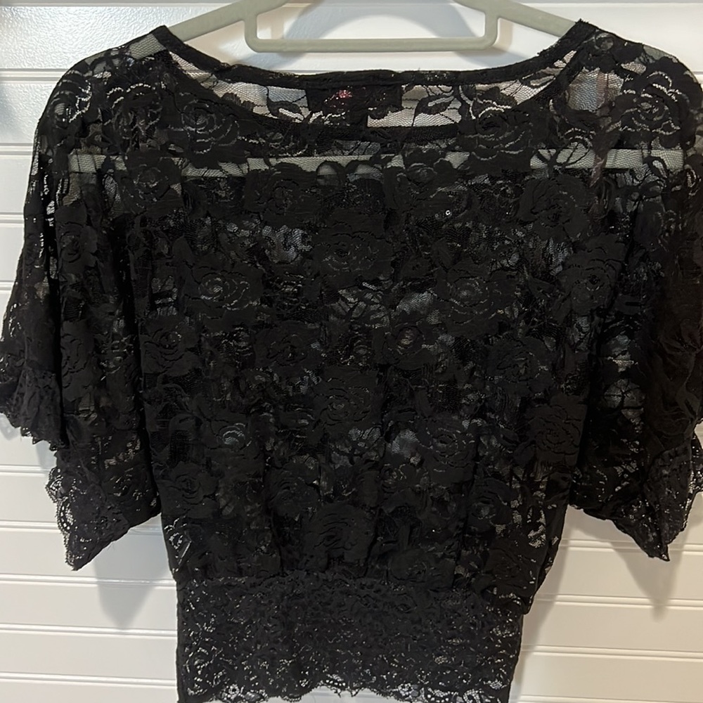 Black Sheer Floral Lace top with Sequin Detail - Picture 4 of 6